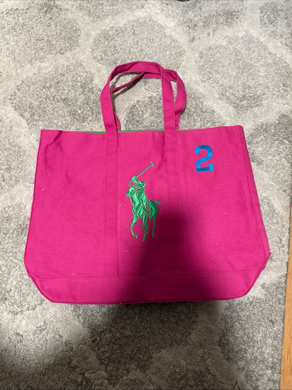 Ralph Lauren Fuchsia Canvas Tote with Green Polo Motif and Blue '2'NEW - Picture 4 of 16